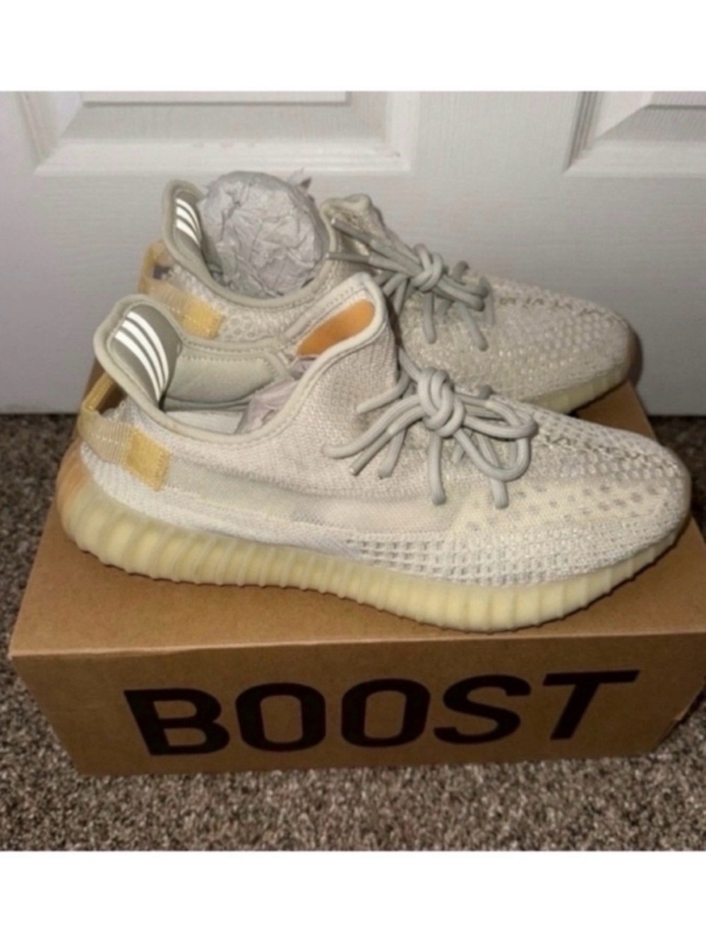 adidas Light Cream Knit Yeezy Boost Sneakers with Pale Yellow Heel Accent